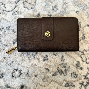 Valentina Dark Brown Leather Zip Wallet with Gold Hardware